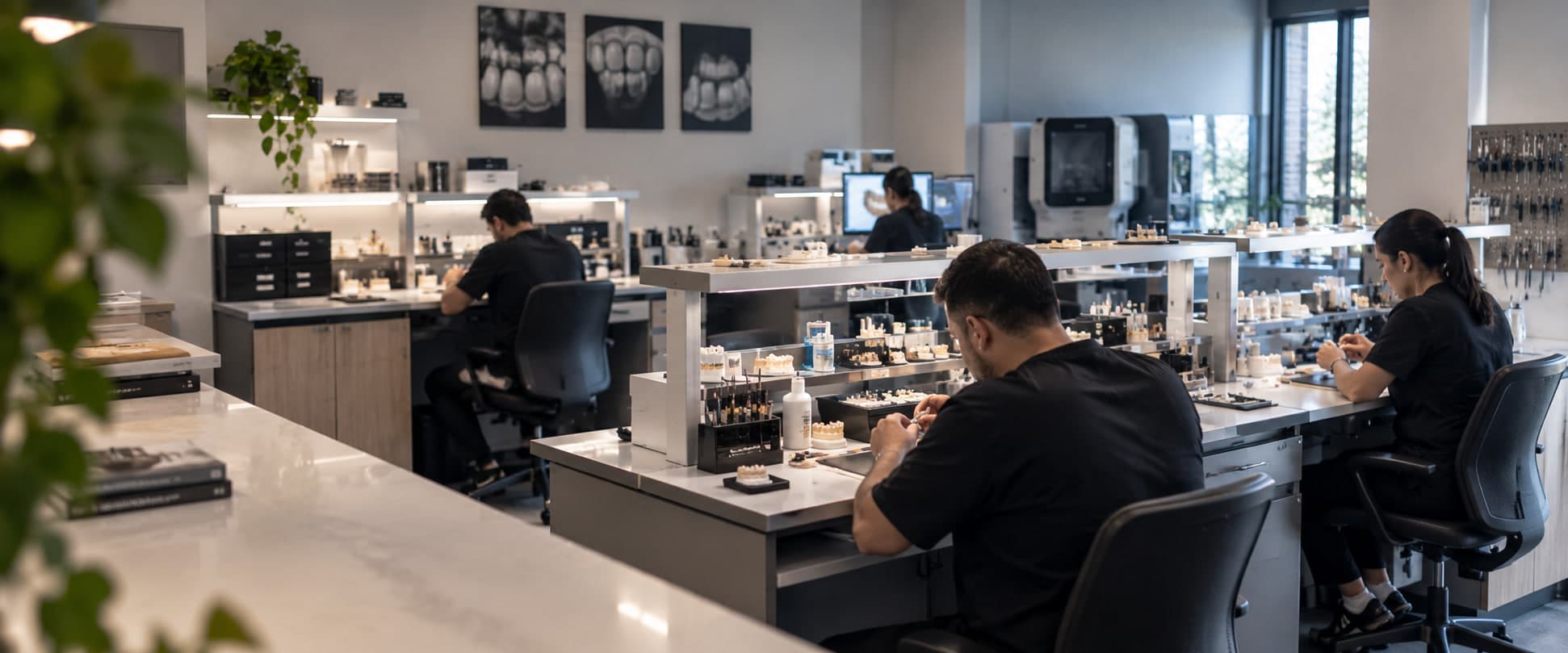 Three technicians working at their stations in a dental laboratory.