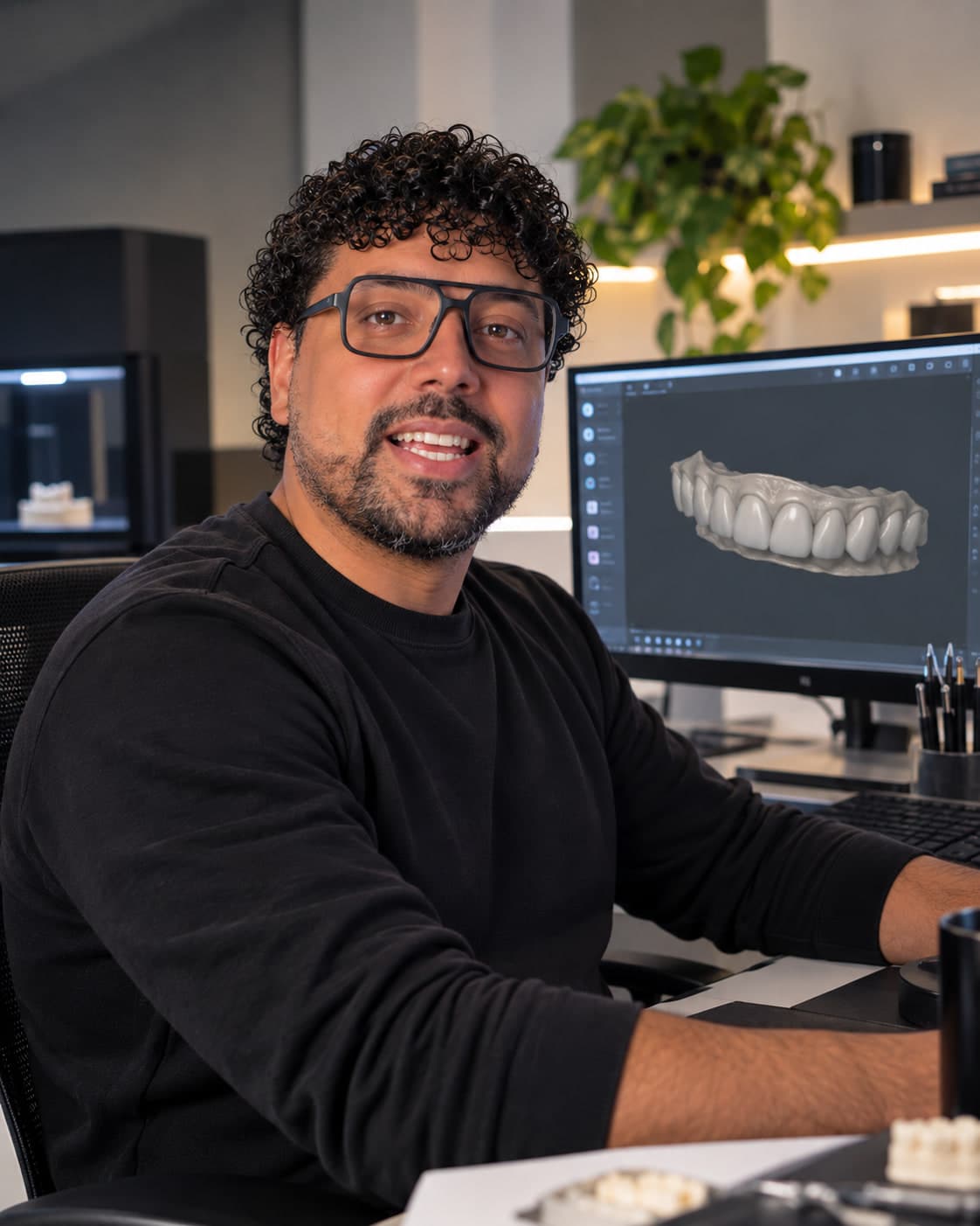 David Arias at his design station, with a digital wax-up on screen.